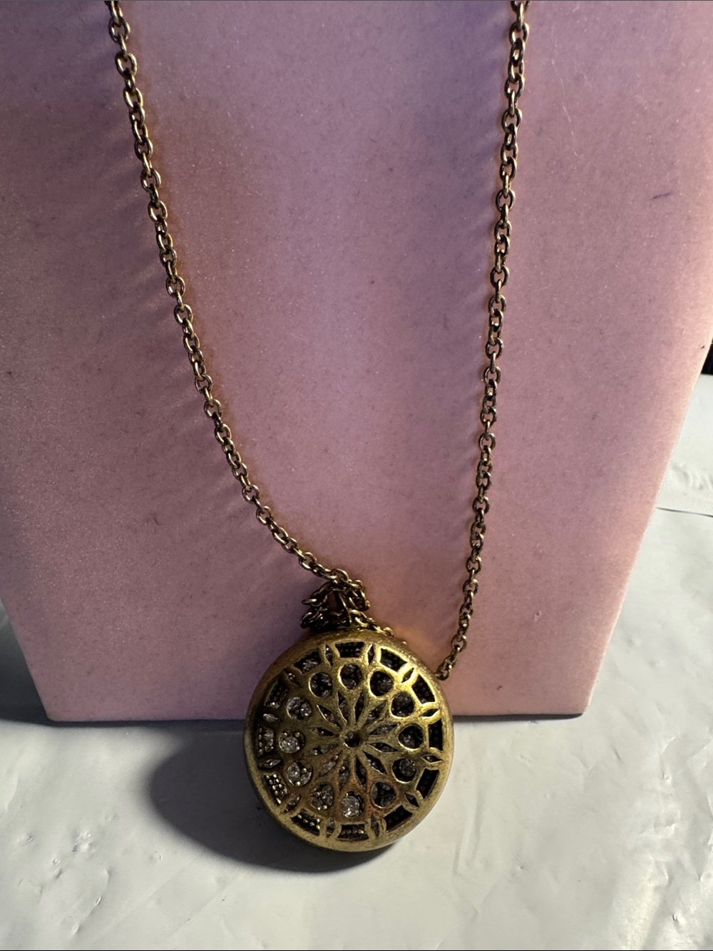 Double Sided Gold Tone Filigree Pendant clear Rhinestones inside  17 1/2”